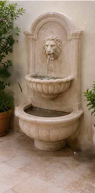 Lion Head Wall Fountain – 48" 2-Tier Cast Stone, Ivory Beige