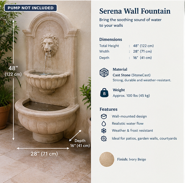 Lion Head Wall Fountain – 48" 2-Tier Cast Stone, Ivory Beige