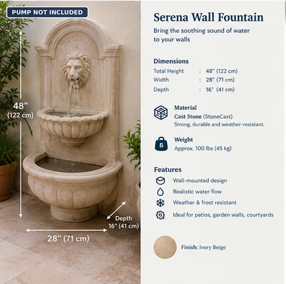 Lion Head Wall Fountain – 48" 2-Tier Cast Stone, Ivory Beige