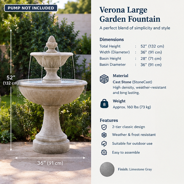 2-Tier Cast Stone Garden Fountain 52" – Limestone Gray
