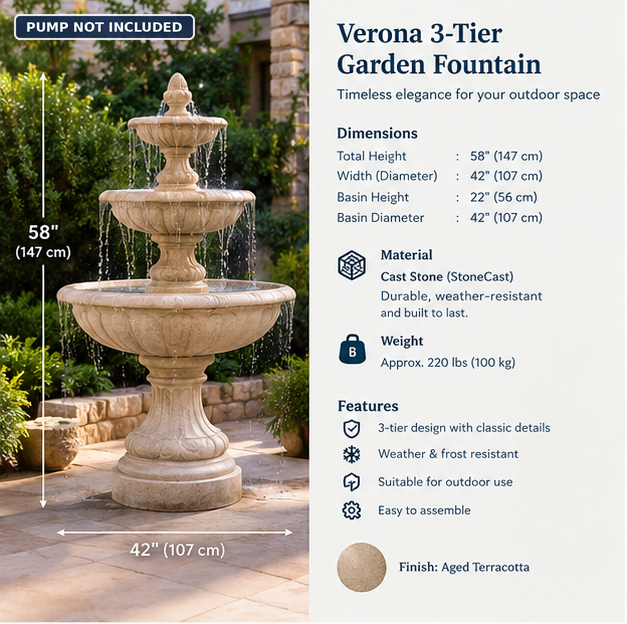 3-Tier Cast Stone Garden Fountain 58" – Aged Terracotta