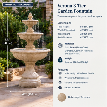 3-Tier Cast Stone Garden Fountain 58" – Aged Terracotta